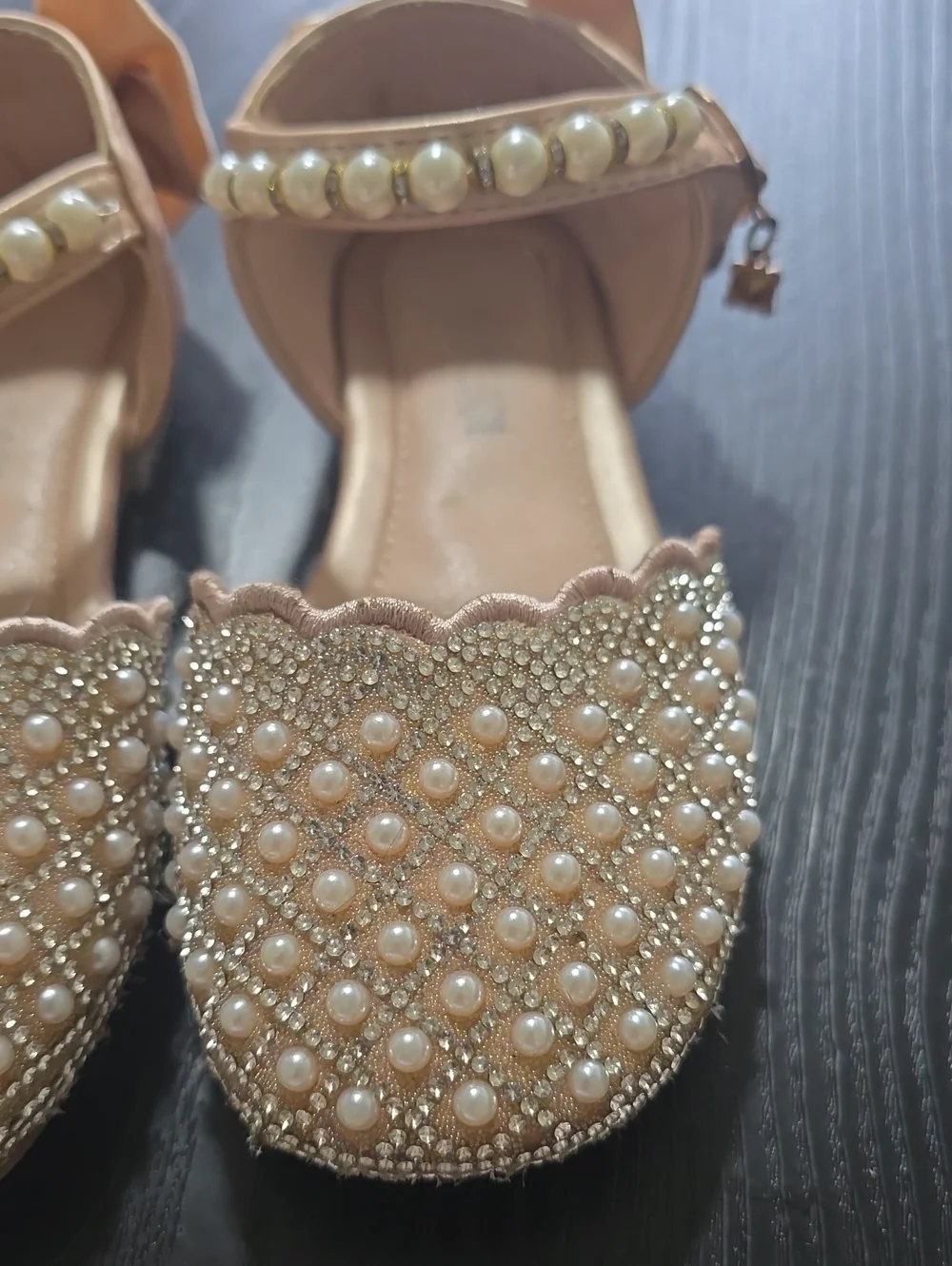 Pearl-Embellished Girls Ankle-Strap Flats - Blush